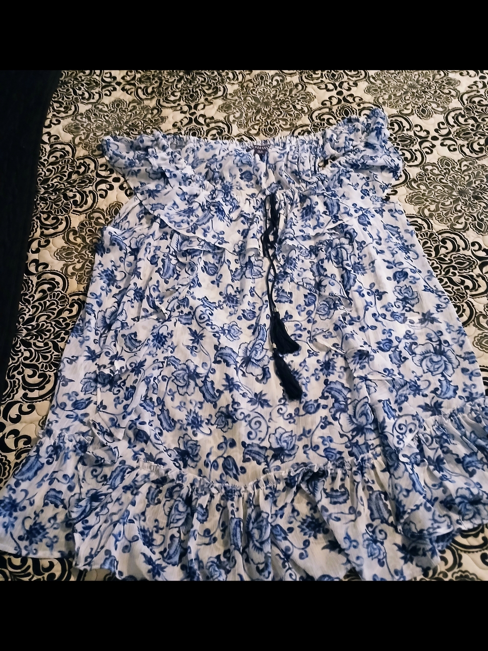 Blue and White Floral Ruffle Midi Skirt